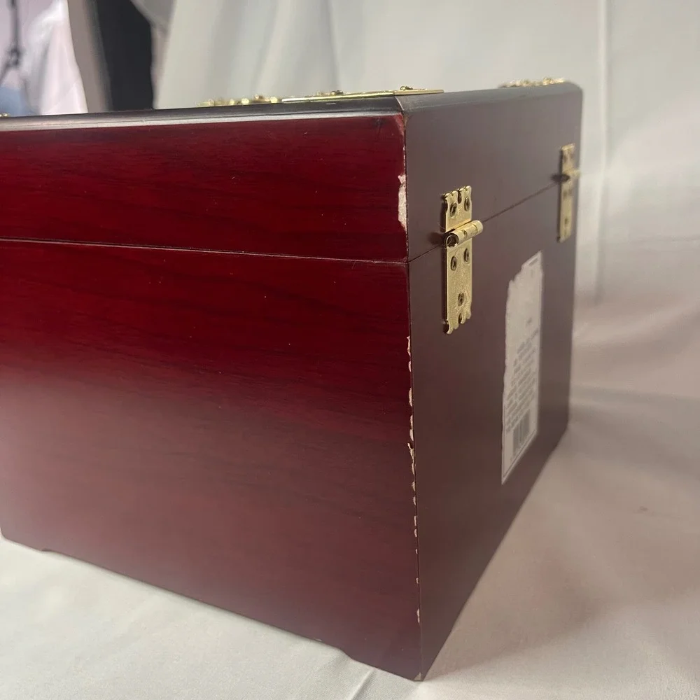 Korean Wooden Jewelry Box Mahogany Finish Gold Brass Hardware Calligraphy Lining